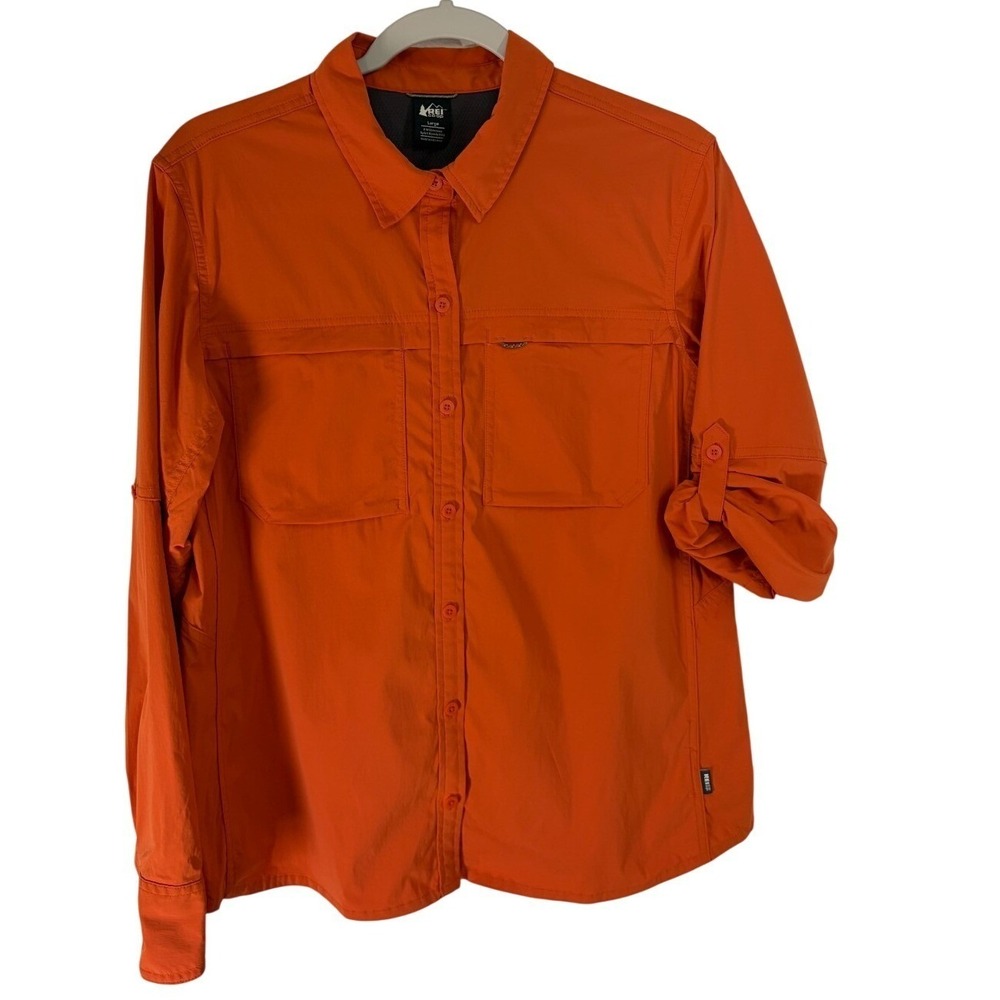REI Co-op Women's Sahara Large Button Up Long Sleeve Shirt Hiking Orange Burnt